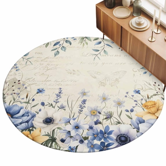 4ft Round Rug Blue Flowers Area Rugs for Living Room Bedroom Washable ...