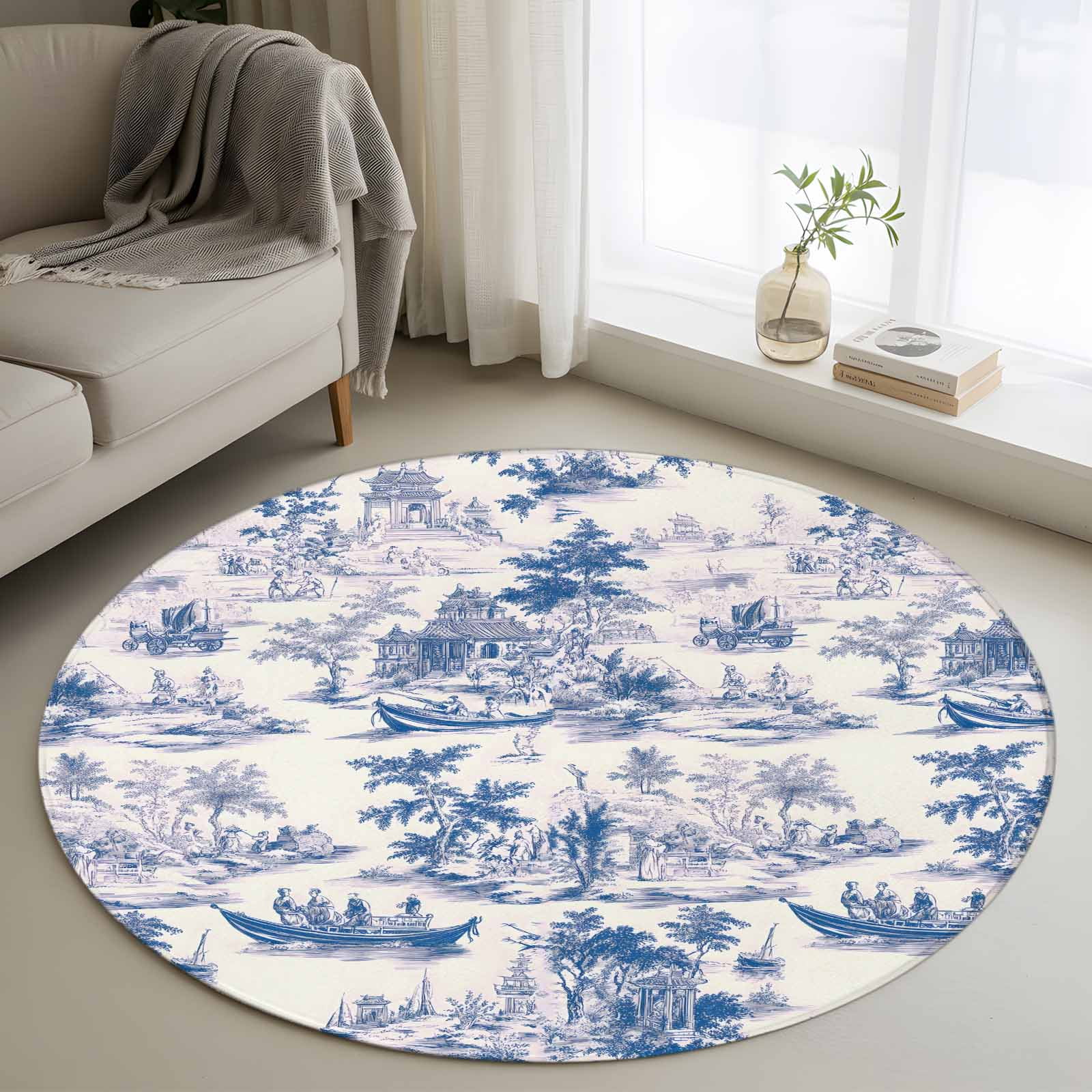 4ft Round Rug, Blue Garden Vintage Non-Skid Rubber Backing Large Area ...