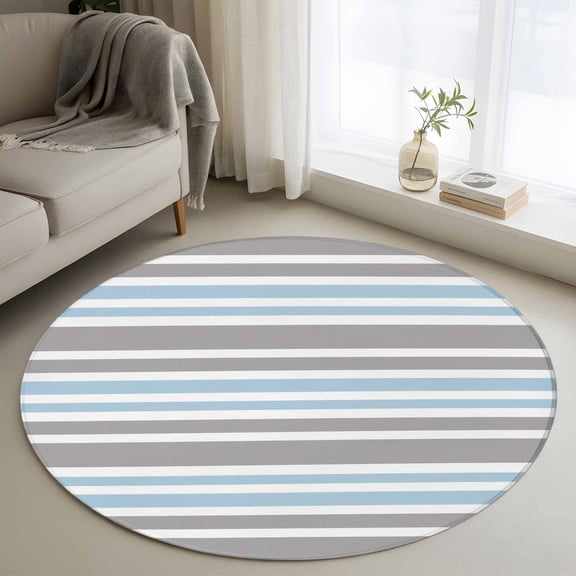 4ft Round Rug, Blue Grey Striped Non-Skid Rubber Backing Large Area Rugs - Living Room Bedroom Home Office, Horizontal Lines Simple Minimalist Indoor Floor Mat Carpets Washable Rug