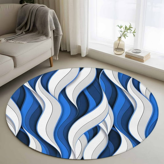 4ft Round Rug, Blue White Moire Non-Skid Rubber Backing Large Area Rugs ...