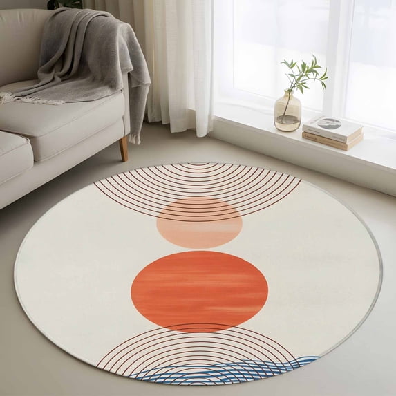 4ft Round Rug, Boho Geometric Non-Skid Rubber Backing Large Area Rugs ...