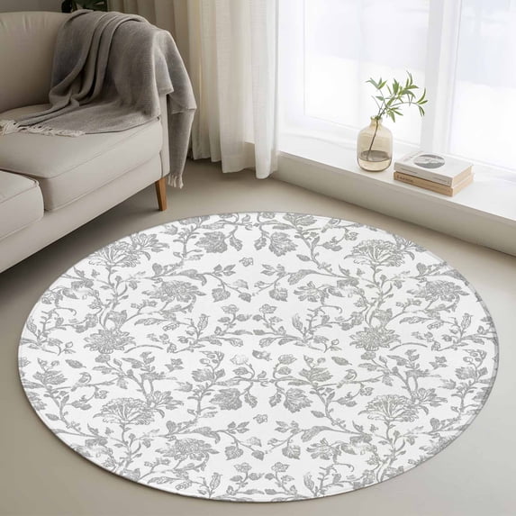 4ft Round Rug, Boho Gray Flower Non-Skid Rubber Backing Large Area Rugs - Living Room Bedroom Home Office, Vintage Farmhouse Leaf Spring Plant Indoor Floor Mat Carpets Washable Rug