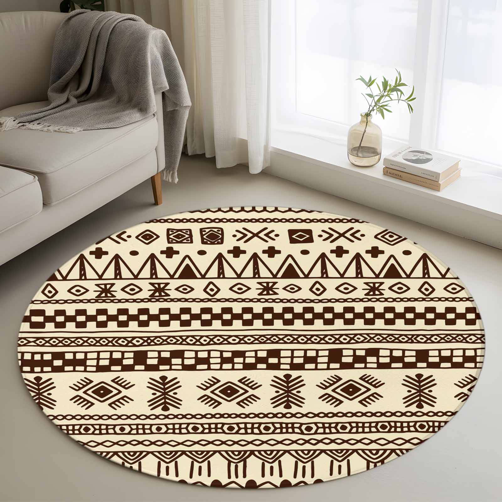 Round Rubber Rug 4ft Round Rug, Boho Non-Skid Rubber Backing Large Area Rugs - Living ...