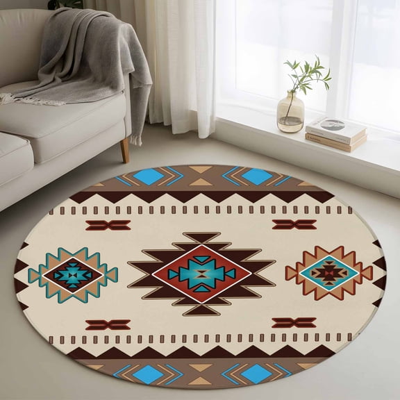 4ft Round Rug, Boho Southwest Non-Skid Rubber Backing Large Area Rugs - Living Room Bedroom Home Office, Farmhouse Aztec Tribe Brown Blue Plaid Indoor Floor Mat Carpets Washable Rug