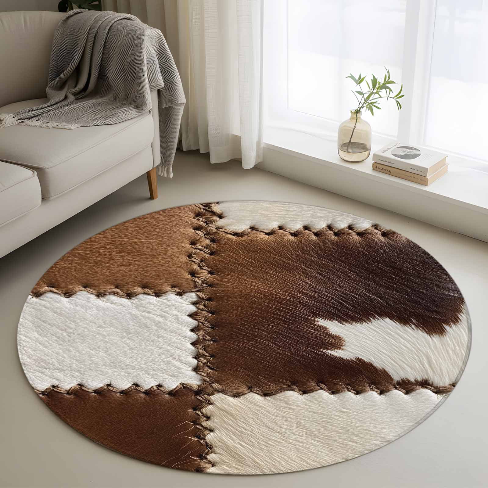 4ft Round Rug, Brown White Leather Texture Non-Skid Rubber Backing ...
