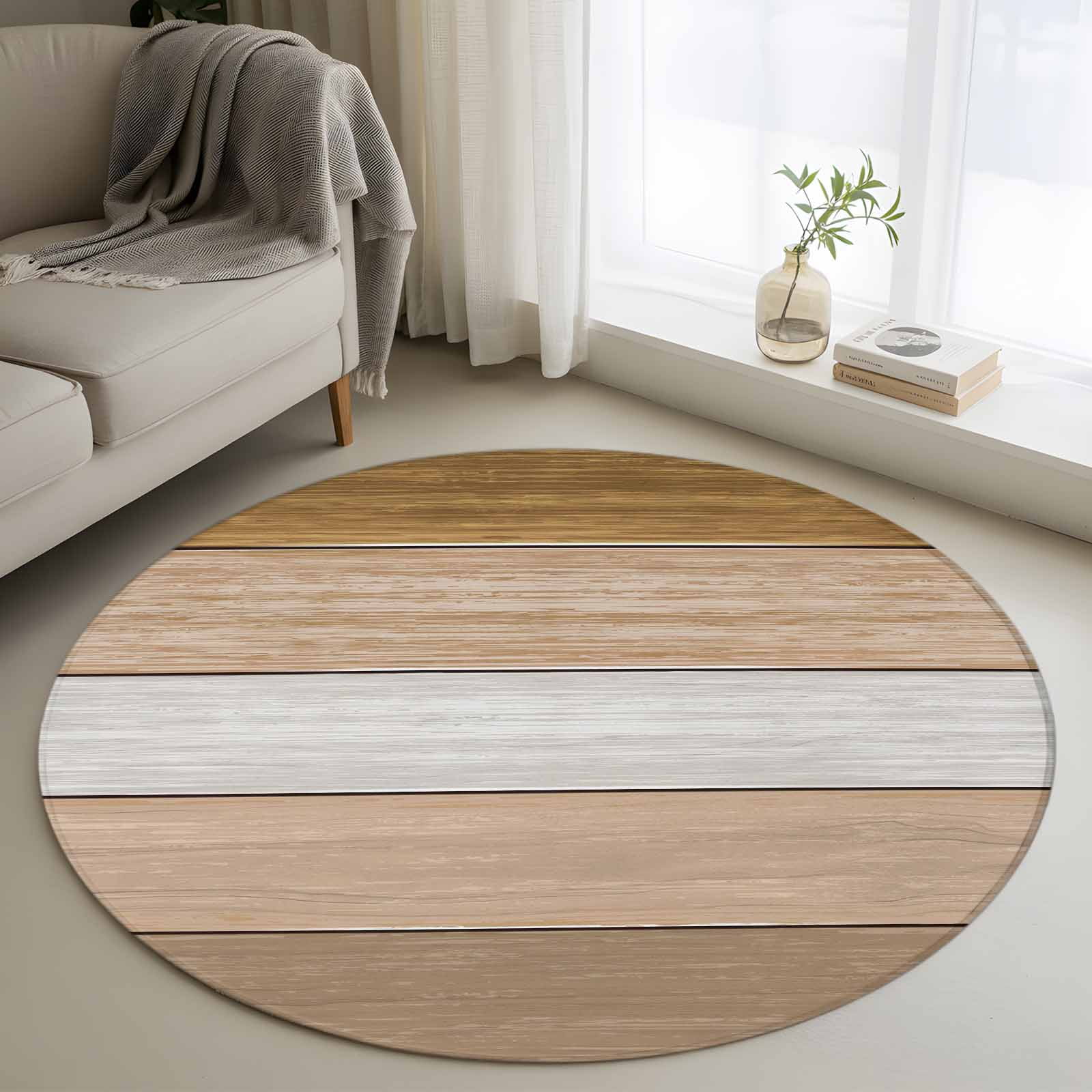 4ft Round Rug, Brown Wood Grain Non-Skid Rubber Backing Large Area Rugs ...