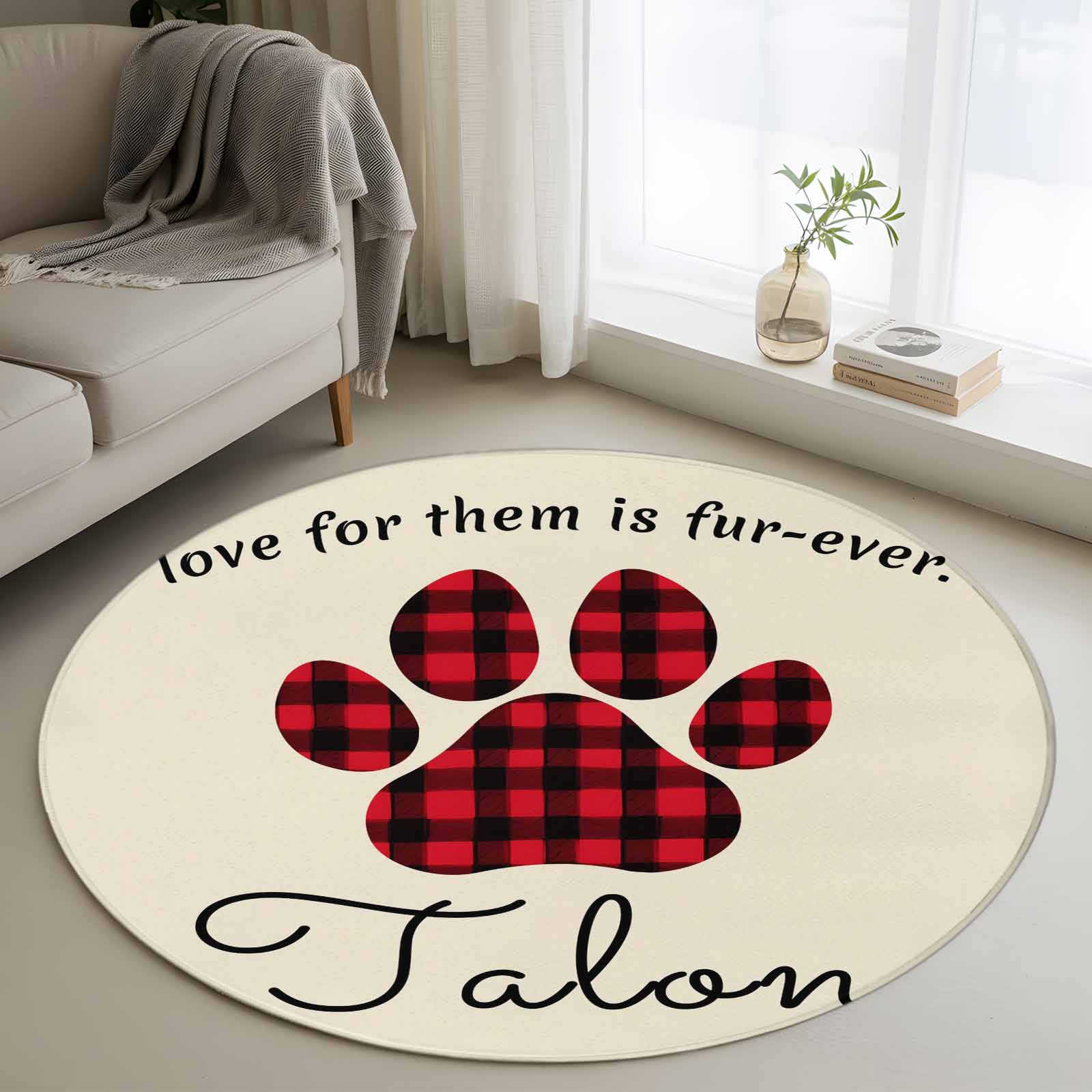 4ft Round Rug, Buffalo Plaid Paw Non-Skid Rubber Backing Large Area ...