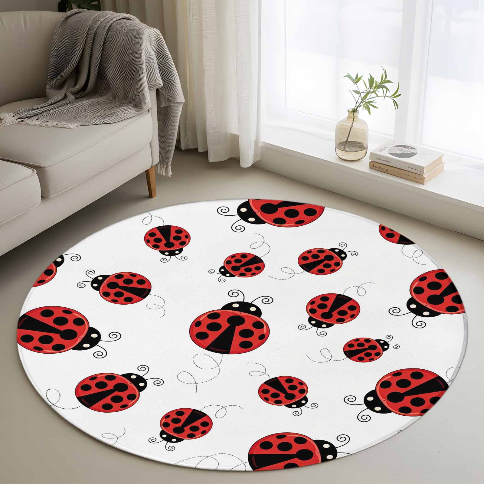 4ft Round Rug, Cartoon Ladybug Non-Skid Rubber Backing Large Area Rugs ...