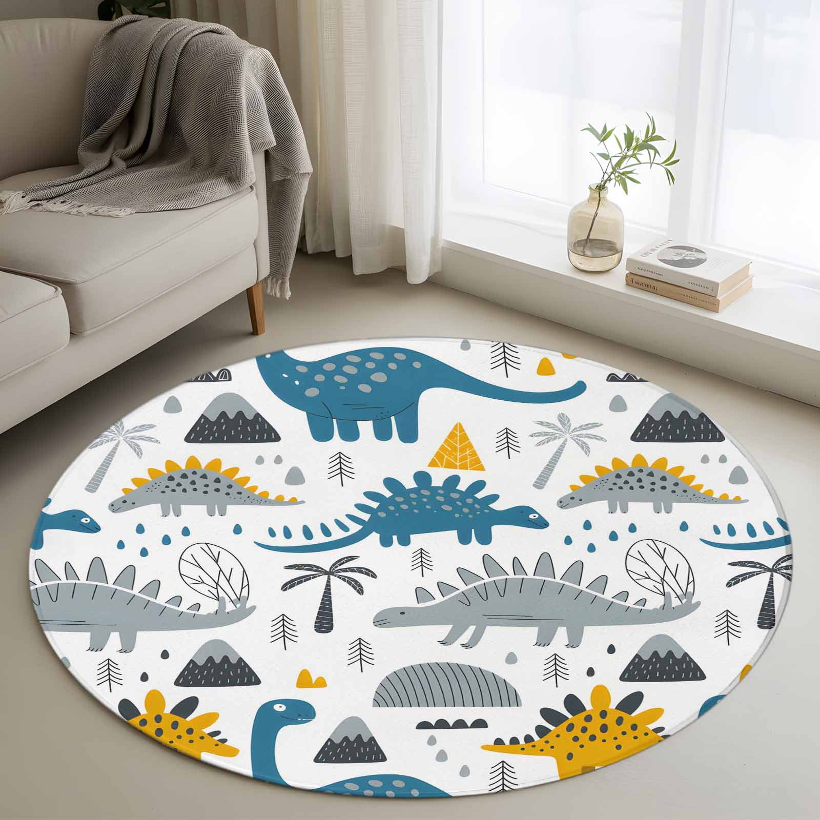 4ft Round Rug, Cartoons Dinosaurs Non-Skid Rubber Backing Large Area ...
