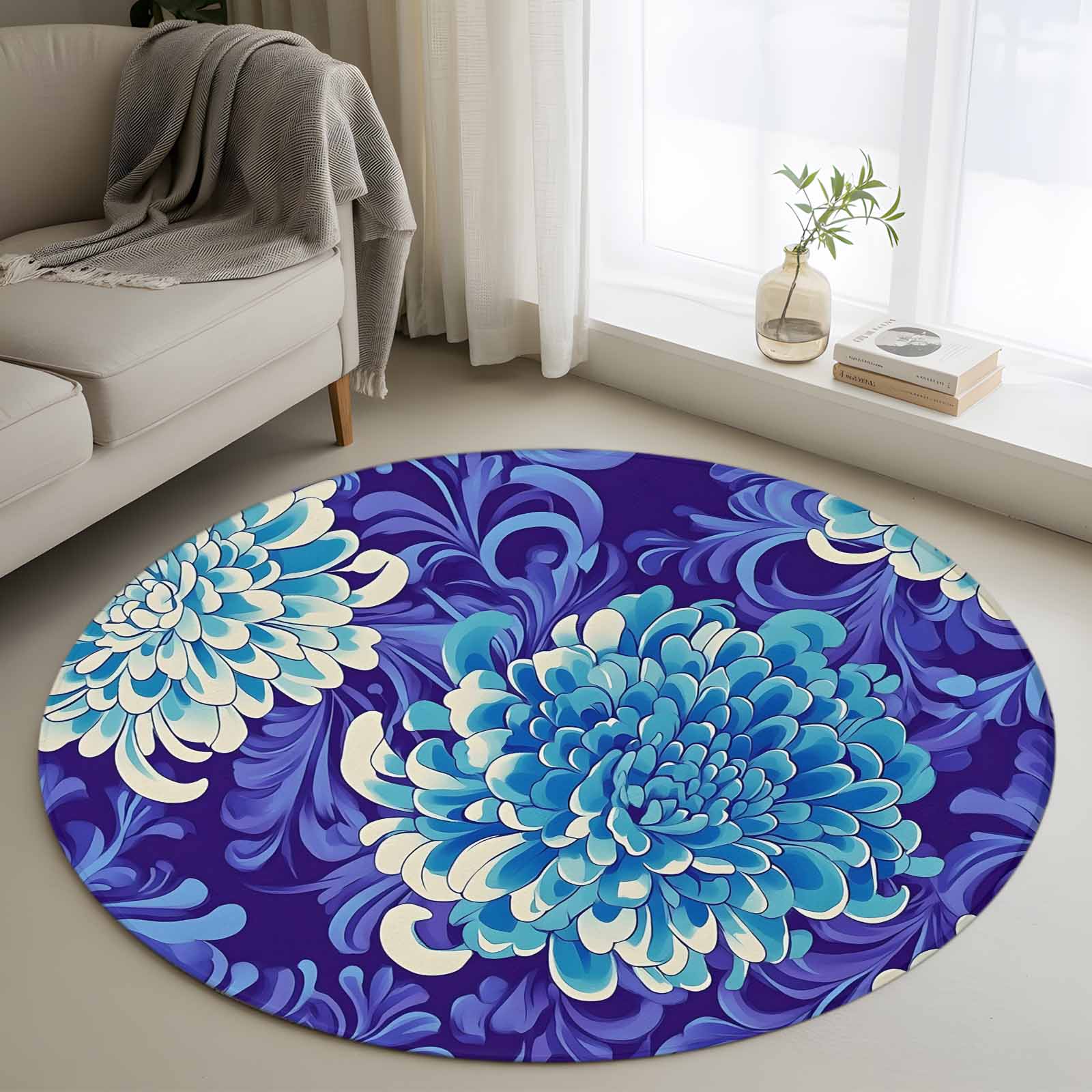 4ft Round Rug, Chrysanthemum Spring Floral Non-Skid Rubber Backing ...
