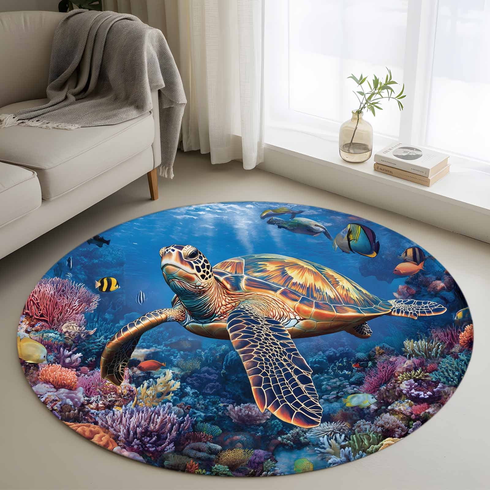 Turtle School Rug 4ft Round Rug, Coastal Turtle Non-Skid Rubber Backing Large Area Rugs ...