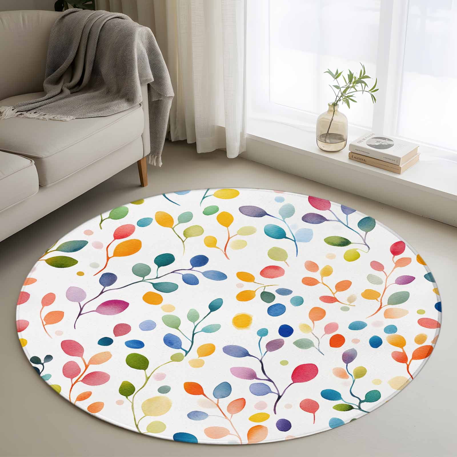 Round Rubber Rug 4ft Round Rug, Colorful Leaves Non-Skid Rubber Backing Large Area Rugs ...