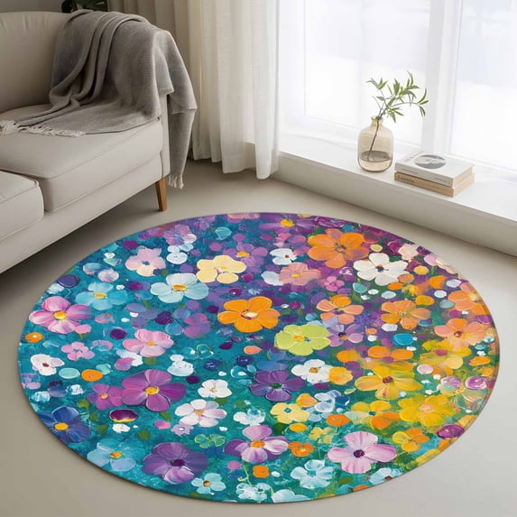 4ft Round Rug, Colorful Spring Floral Non-Skid Rubber Backing Large ...