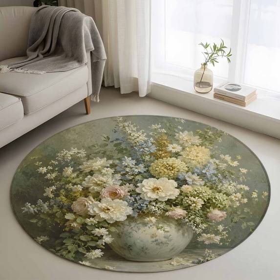 Living Area Rugs 4ft Round Rug, Country Floral Non-Skid Rubber Backing Large Area Rugs ...