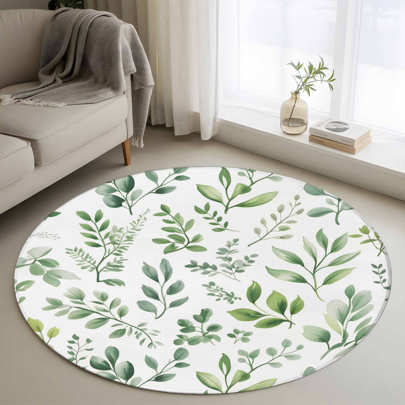 4ft Round Rug, Eucalyptus Leaves Non-Skid Rubber Backing Large Area ...