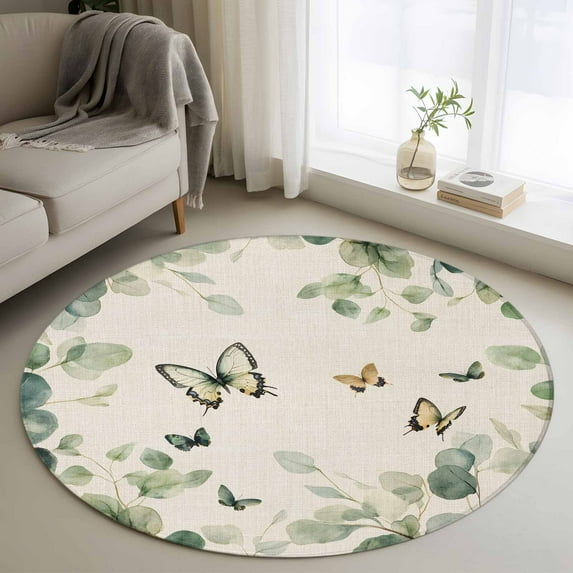 4ft Round Rug, Eucalyptus Leaves Non-Skid Rubber Backing Large Area Rugs - Living Room Bedroom Home Office, Spring Summer Botanical Sage Green Rustic Indoor Floor Mat Carpets Washable Rug