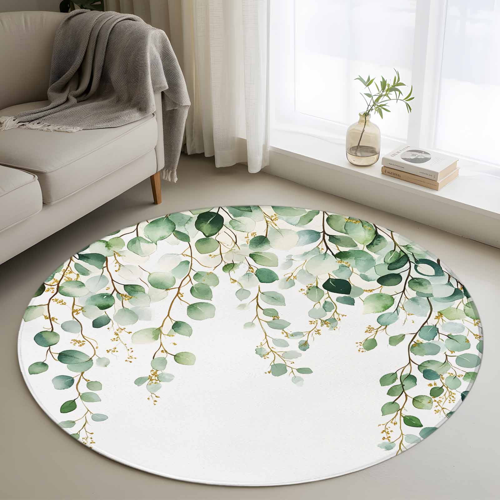 4ft Round Rug, Eucalyptus Leaves Non-Skid Rubber Backing Large Area ...