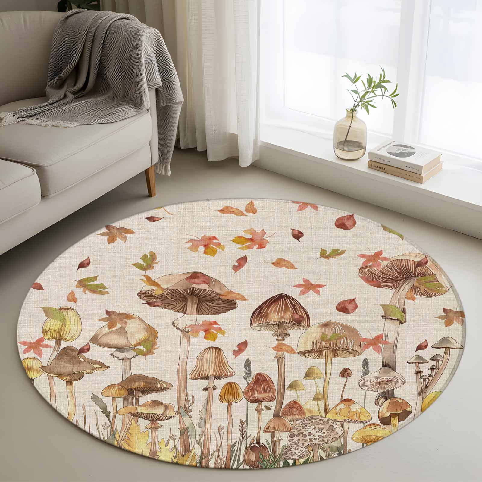 4ft Round Rug, Fall Mushroom Non-Skid Rubber Backing Large Area Rugs ...