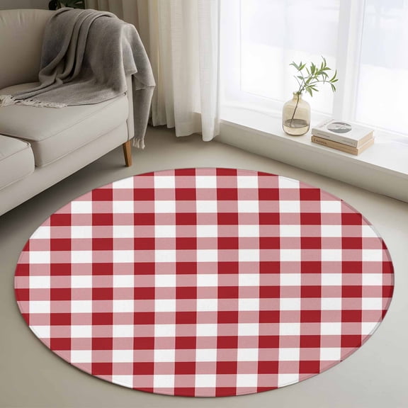 4ft Round Rug, Farmhouse Red Plaid Non-Skid Rubber Backing Large Area Rugs - Living Room Bedroom Home Office, Rustic Red White Checkered Indoor Floor Mat Carpets Washable Rug