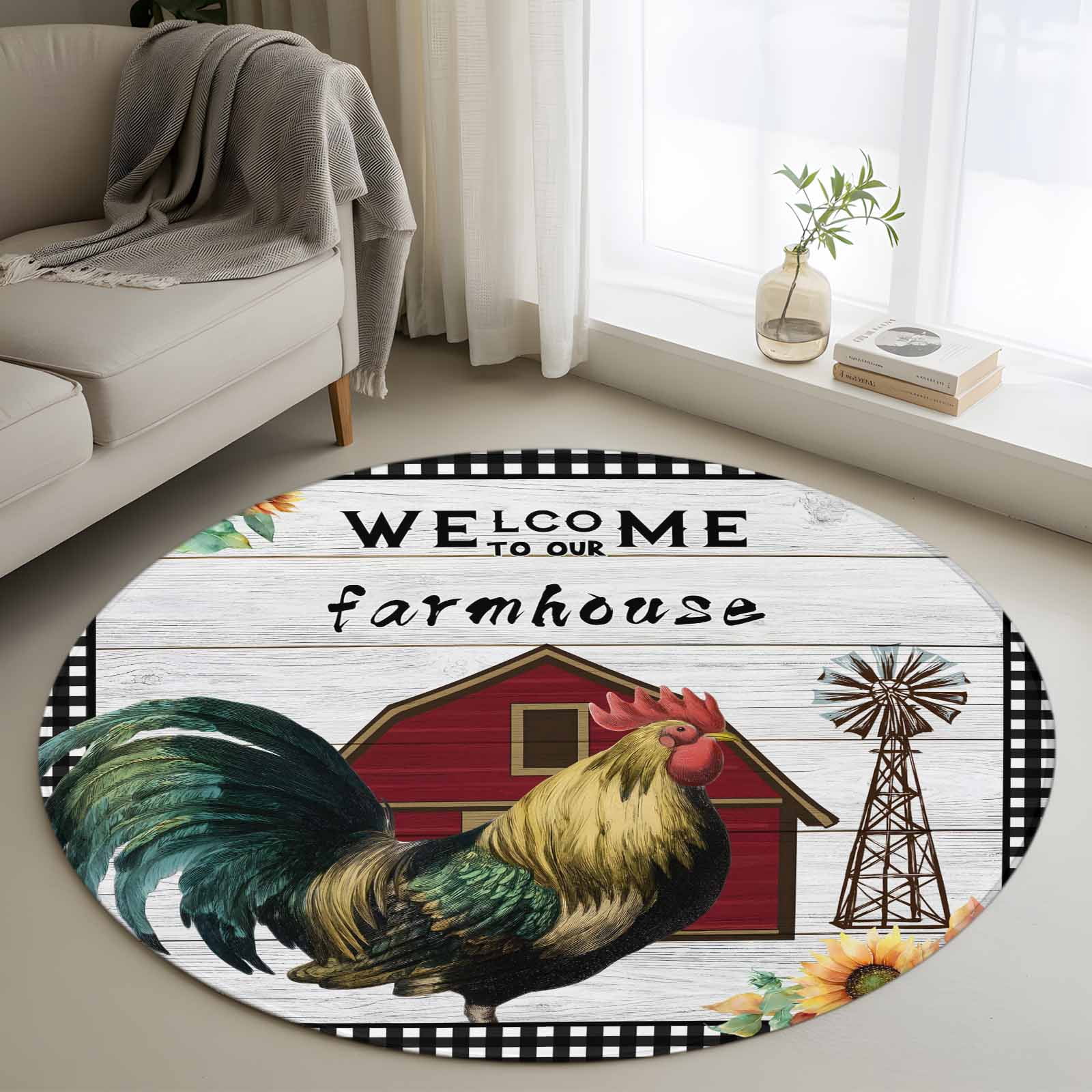 4ft Round Rug, Farmhouse Rooster Non-Skid Rubber Backing Large Area ...