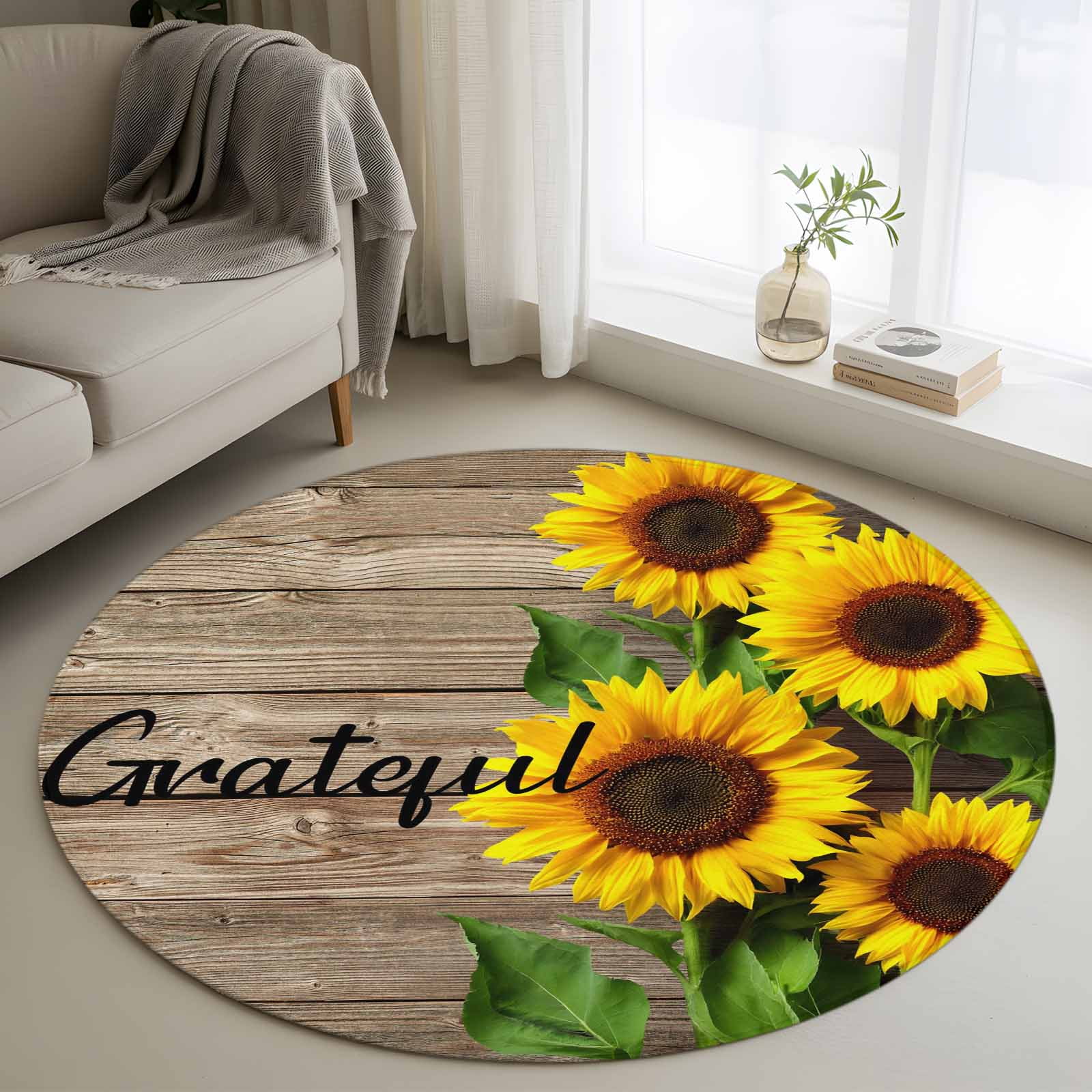 4ft Round Rug, Farmhouse Sunflower Grateful Non-Skid Rubber Backing ...