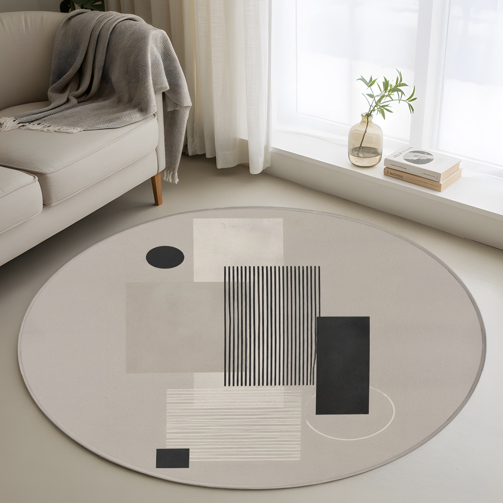 Round Shape Rug 4ft Round Rug, Geometric Lines Non-Skid Rubber Backing Large Area Rugs ...