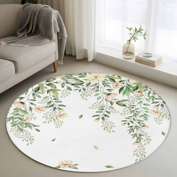 4ft Round Rug, Green Eucalyptus Leaves Non-Skid Rubber Backing Large ...