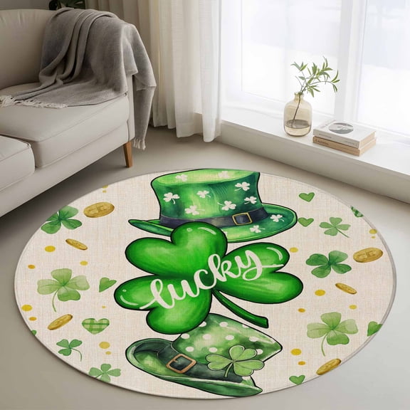 4ft Round Rug, Green St. Patrick's Day Non-Skid Rubber Backing Large Area Rugs - Living Room Bedroom Home Office, Lucky S Love Heart Rustic Indoor Floor Mat Carpets Washable Rug