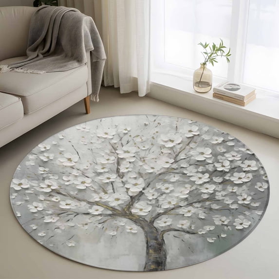4ft Round Rug, Grey Flowers Non-Skid Rubber Backing Large Area Rugs - Living Room Bedroom Home Office, Spring Floral Modern Oil Painting Art Indoor Floor Mat Carpets Washable Rug