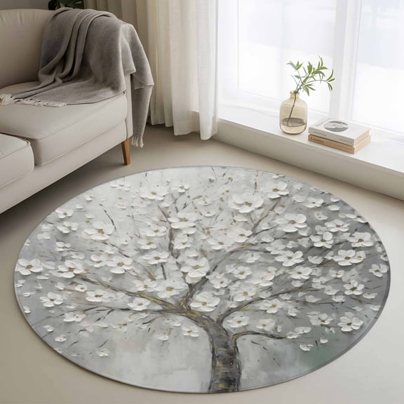 4ft Round Rug, Grey Flowers Non-Skid Rubber Backing Large Area Rugs - Living Room Bedroom Home Office, Spring Floral Modern Oil Painting Art Indoor Floor Mat Carpets Washable Rug