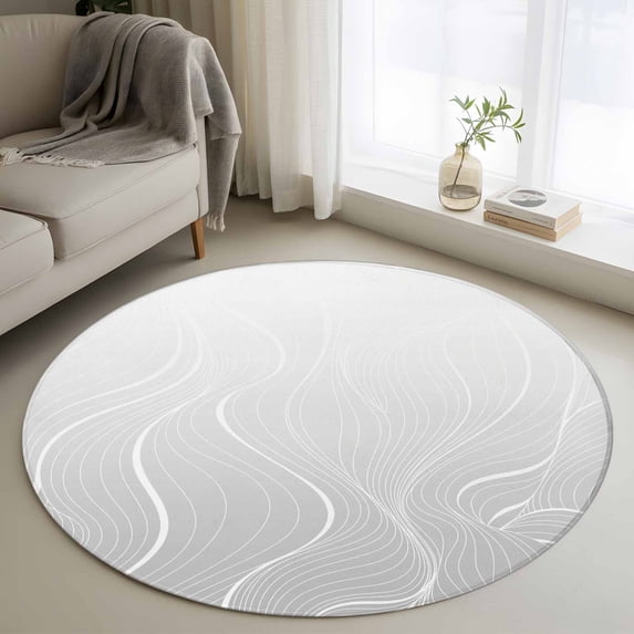 4ft Round Rug, Grey Geometric Non-Skid Rubber Backing Large Area Rugs - Living Room Bedroom Home Office, Modern White Stripe Abstract Distortion Art Indoor Floor Mat Carpets Washable Rug