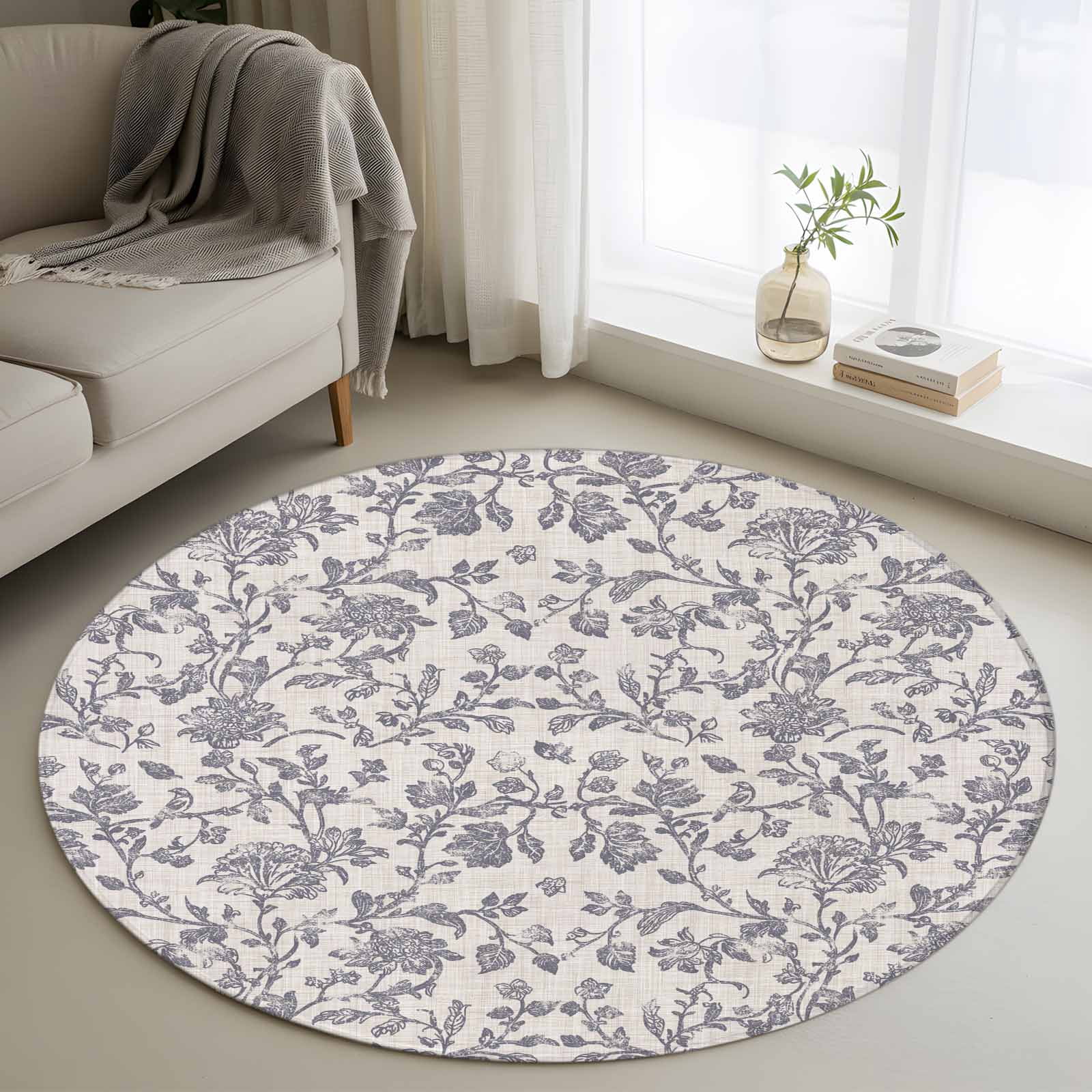 Round Rubber Rug 4ft Round Rug, Haze Blue Leaf Non-Skid Rubber Backing Large Area Rugs ...