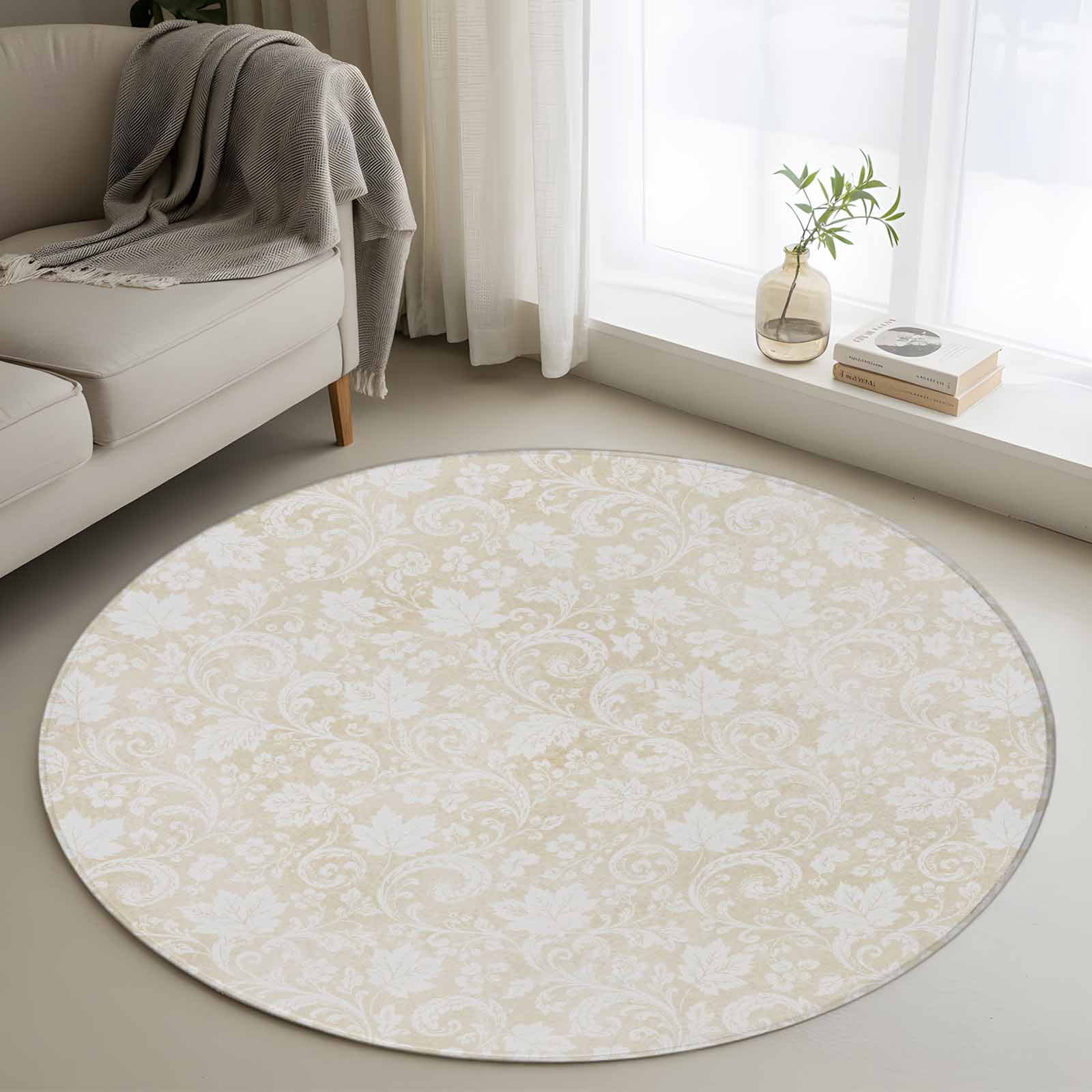 4ft Round Rug, Ivory Cream Florals Non-Skid Rubber Backing Large Area ...