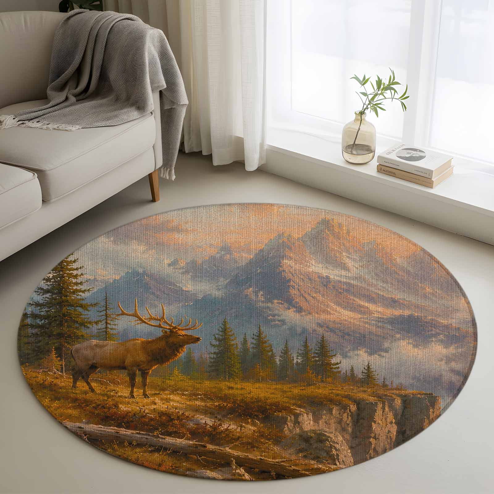 Inside Home Tree 4ft Round Rug, Modern Moose Mountain Non-Skid Rubber Backing Large Area ...