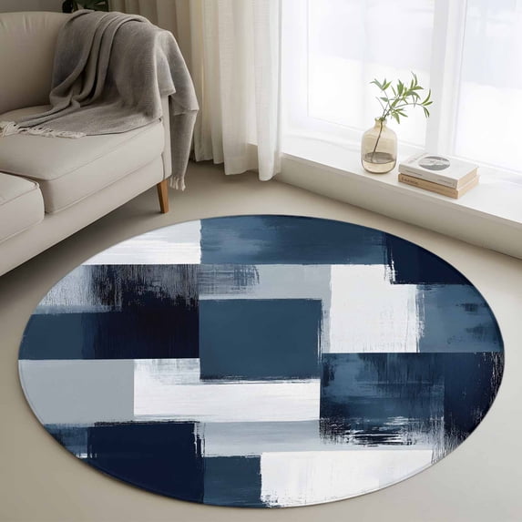 4ft Round Rug, Navy Blue White Non-Skid Rubber Backing Large Area Rugs - Living Room Bedroom Home Office, Modern Abstract Art Oil Painting Geometric Indoor Floor Mat Carpets Washable Rug