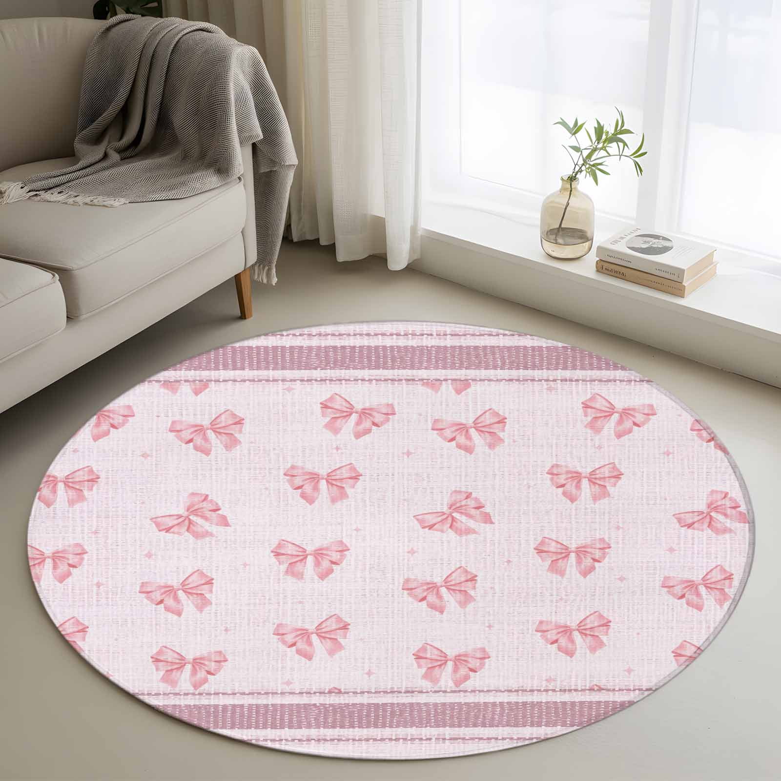 4ft Round Rug, Pink Bow Non-Skid Rubber Backing Large Area Rugs ...