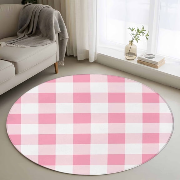 4ft Round Rug, Pink Checkered Non-Skid Rubber Backing Large Area Rugs - Living Room Bedroom Home Office, Pink White Buffalo Plaid Indoor Floor Mat Carpets Washable Rug