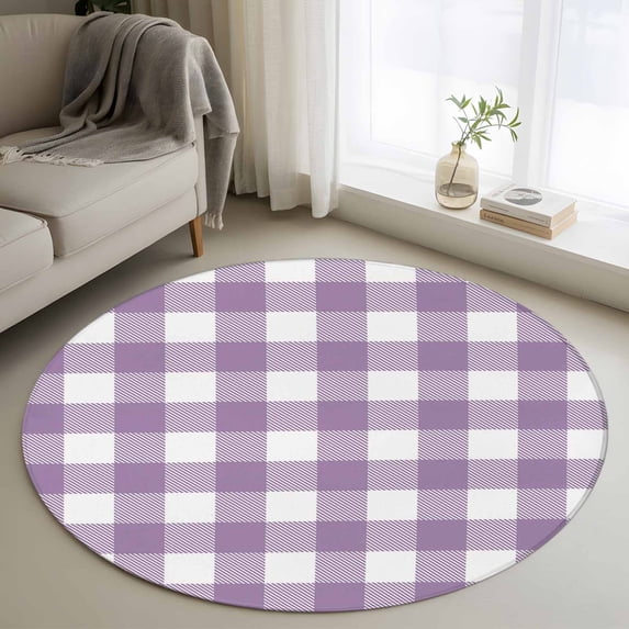 4ft Round Rug, Purple Checkered Non-Skid Rubber Backing Large Area Rugs - Living Room Bedroom Home Office, Farmhouse White Buffalo Plaid Indoor Floor Mat Carpets Washable Rug