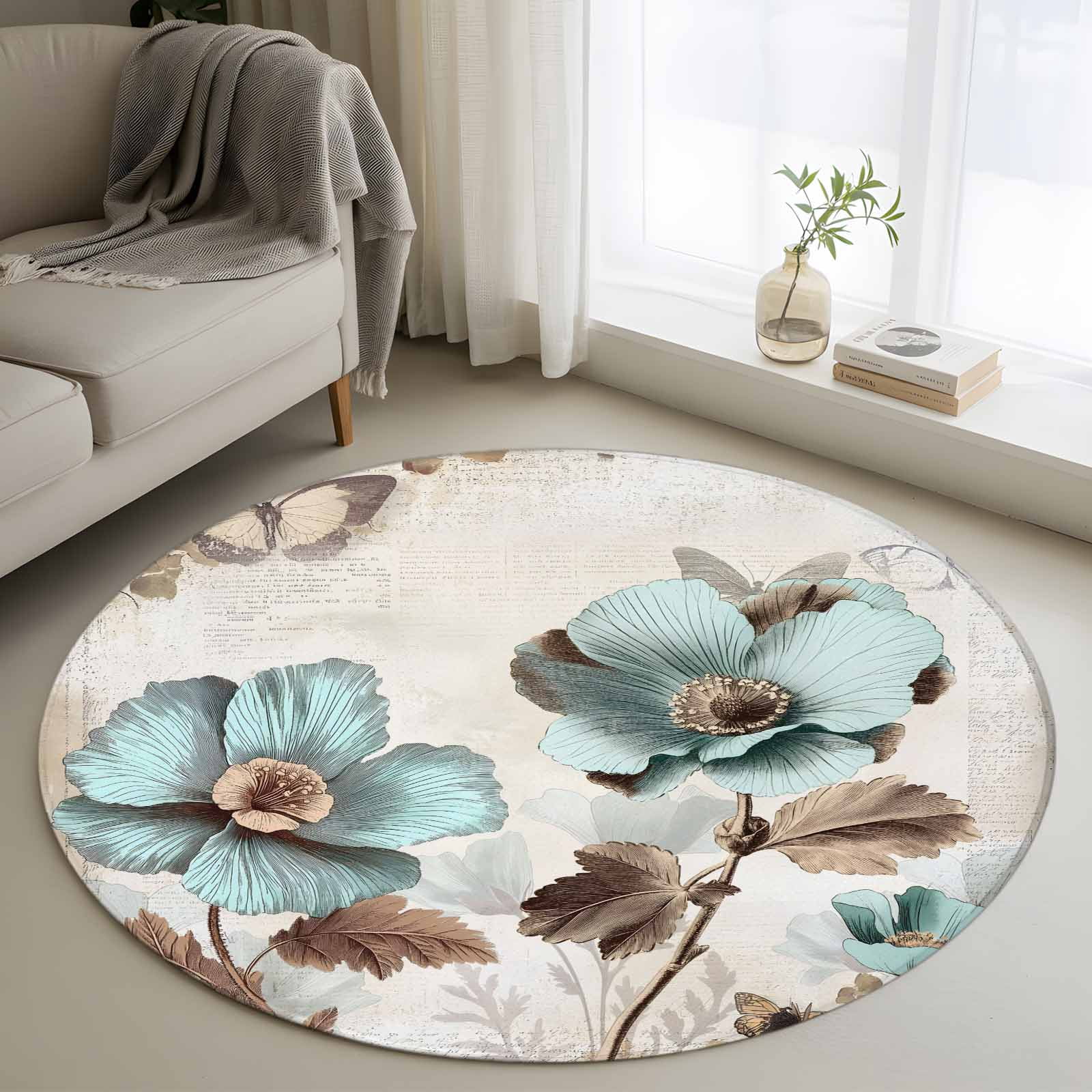 4ft Round Rug, Retro Mallow Flowers Non-Skid Rubber Backing Large Area ...