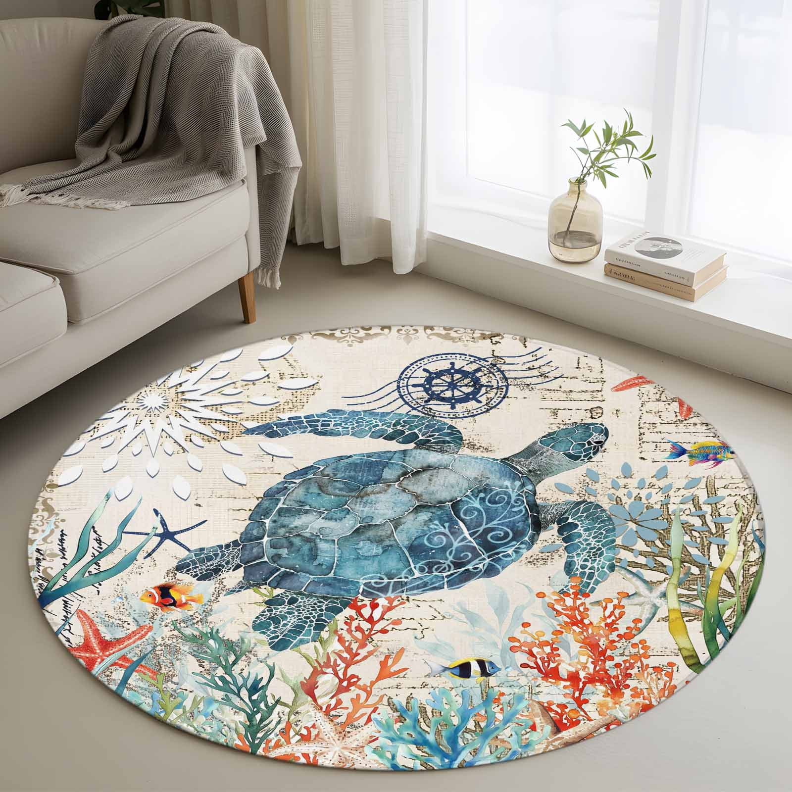 4ft Round Rug, Sea Turtle Coastal Non-Skid Rubber Backing Large Area ...