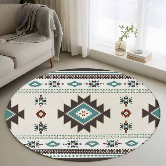 4ft Round Rug, Southwest Ethnic Non-Skid Rubber Backing Large Area Rugs - Living Room Bedroom Home Office, Boho Aztec Tribal Abstract Aesthetic Indoor Floor Mat Carpets Washable Rug