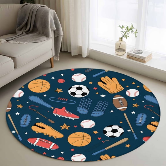 4ft Round Rug, Sports Theme Non-Skid Rubber Backing Large Area Rugs - Living Room Bedroom Home Office, Cartoon Soccer Baseball Basketball Star Blue Indoor Floor Mat Carpets Washable Rug
