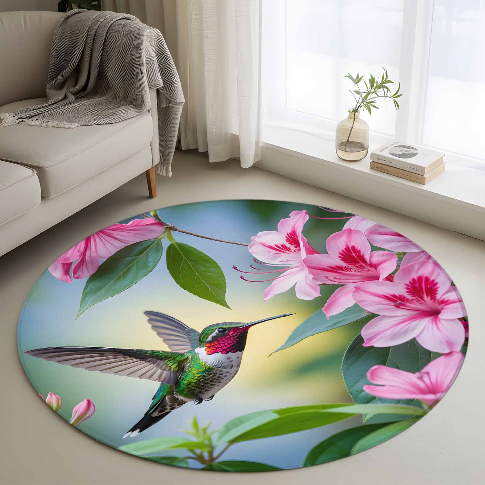 4ft Round Rug, Spring Birds Non-Skid Rubber Backing Large Area Rugs ...