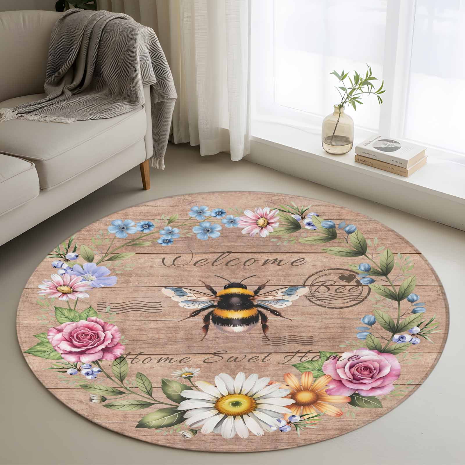 4ft Round Rug, Spring Daisy Non-Skid Rubber Backing Large Area Rugs ...