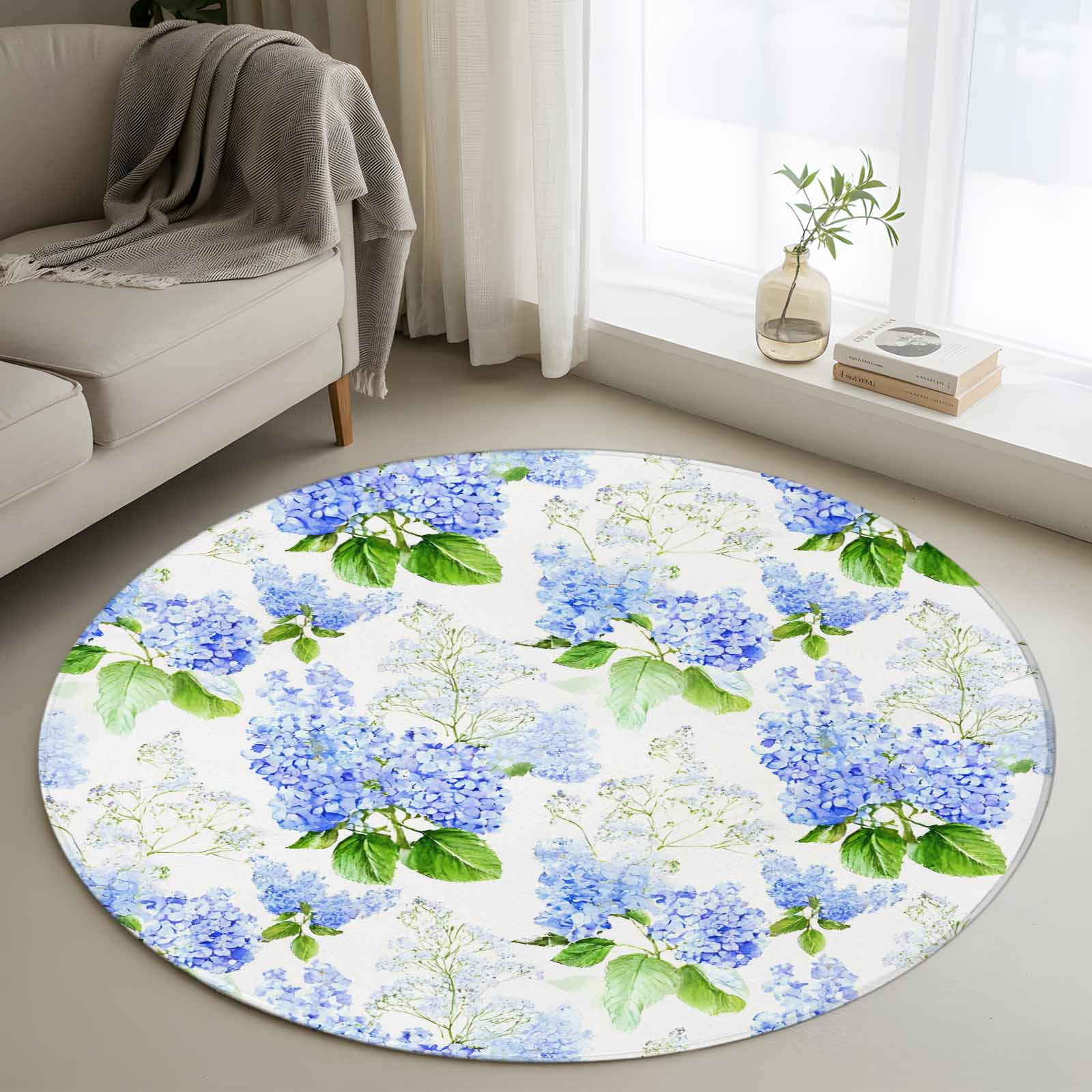 4ft Round Rug, Summer Hydrangeas Non-Skid Rubber Backing Large Area ...