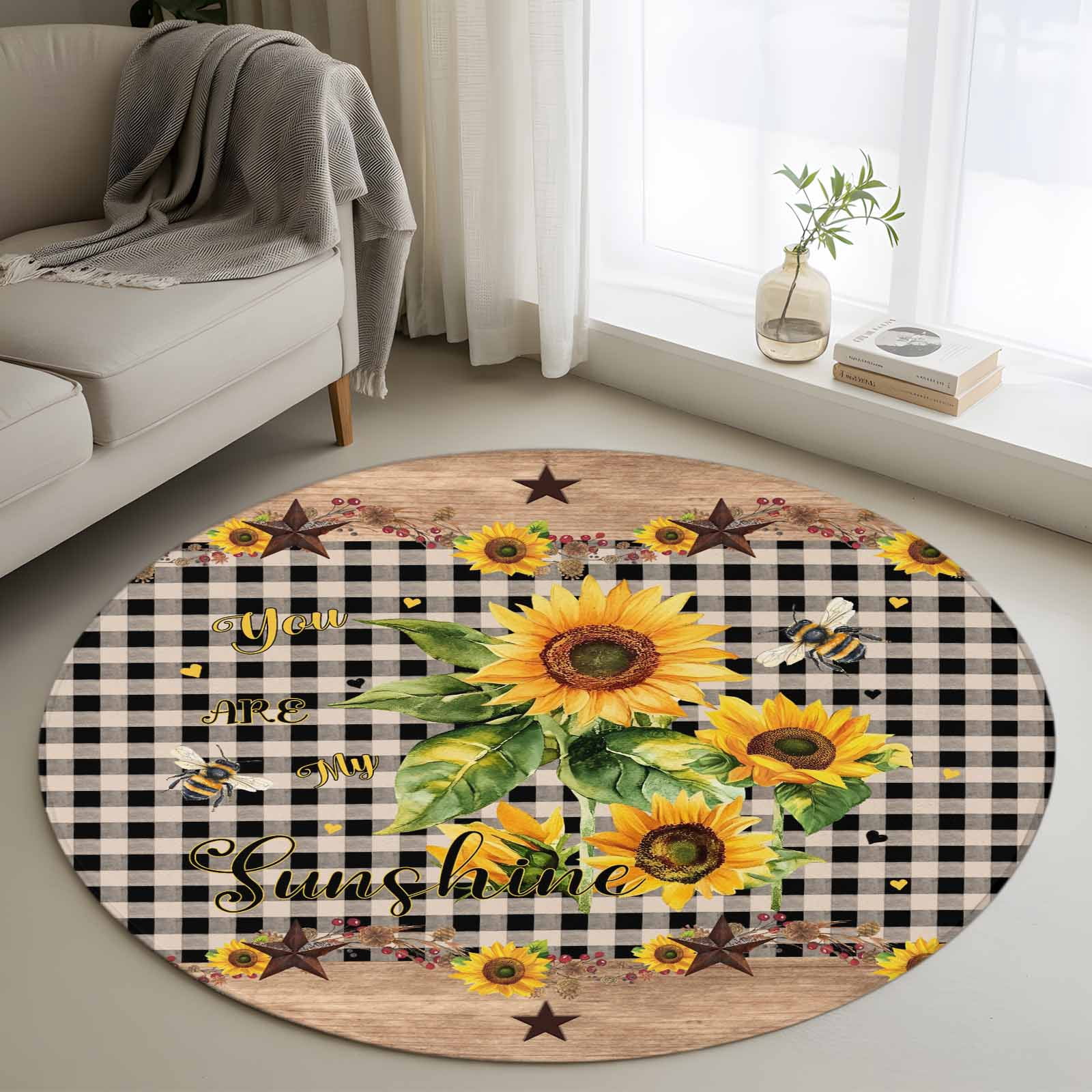 4ft Round Rug, Sunflower Plaid Non-Skid Rubber Backing Large Area Rugs ...
