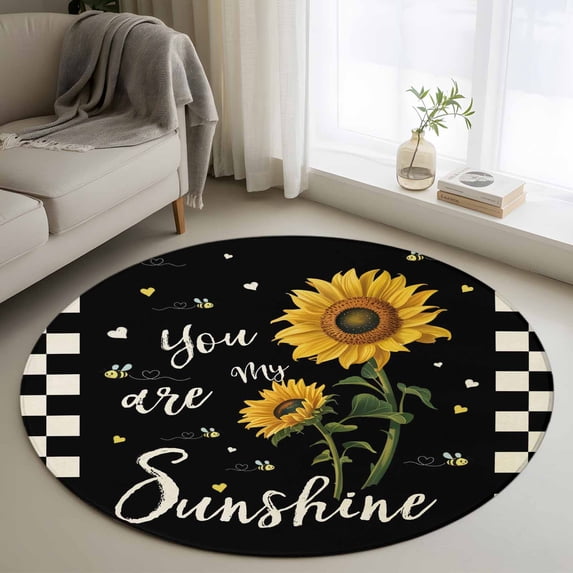 4ft Round Rug, Sunflower Vingra Non-Skid Rubber Backing Large Area Rugs ...