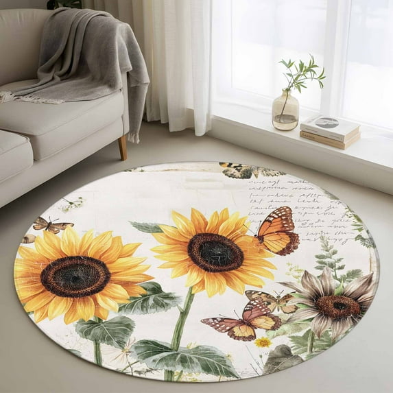 4ft Round Rug, Sunflower Vintage Non-Skid Rubber Backing Large Area Rugs - Living Room Bedroom Home Office, Pastoral Rustic Botanical Flowers Indoor Floor Mat Carpets Washable Rug