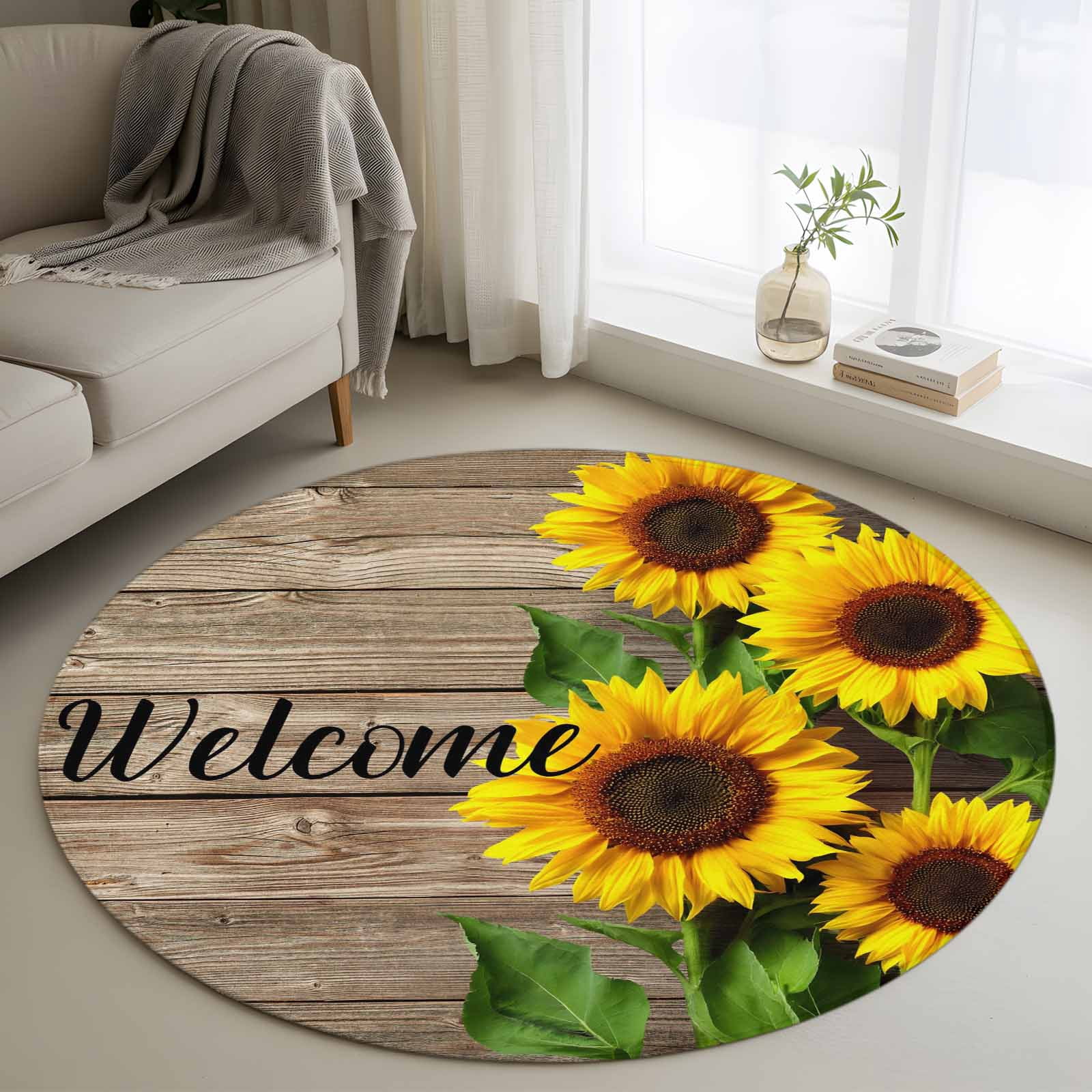 4ft Round Rug, Sunflower Welcome Non-Skid Rubber Backing Large Area ...