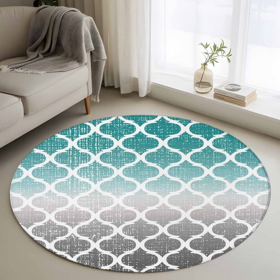 4ft Round Rug, Teal White Grey Ombre Morocco Pattern Non-Skid Rubber Backing Large Area Rugs - Living Room Bedroom Home Office, Modern Moroccan Geometric Indoor Floor Mat Carpets Washable Rug